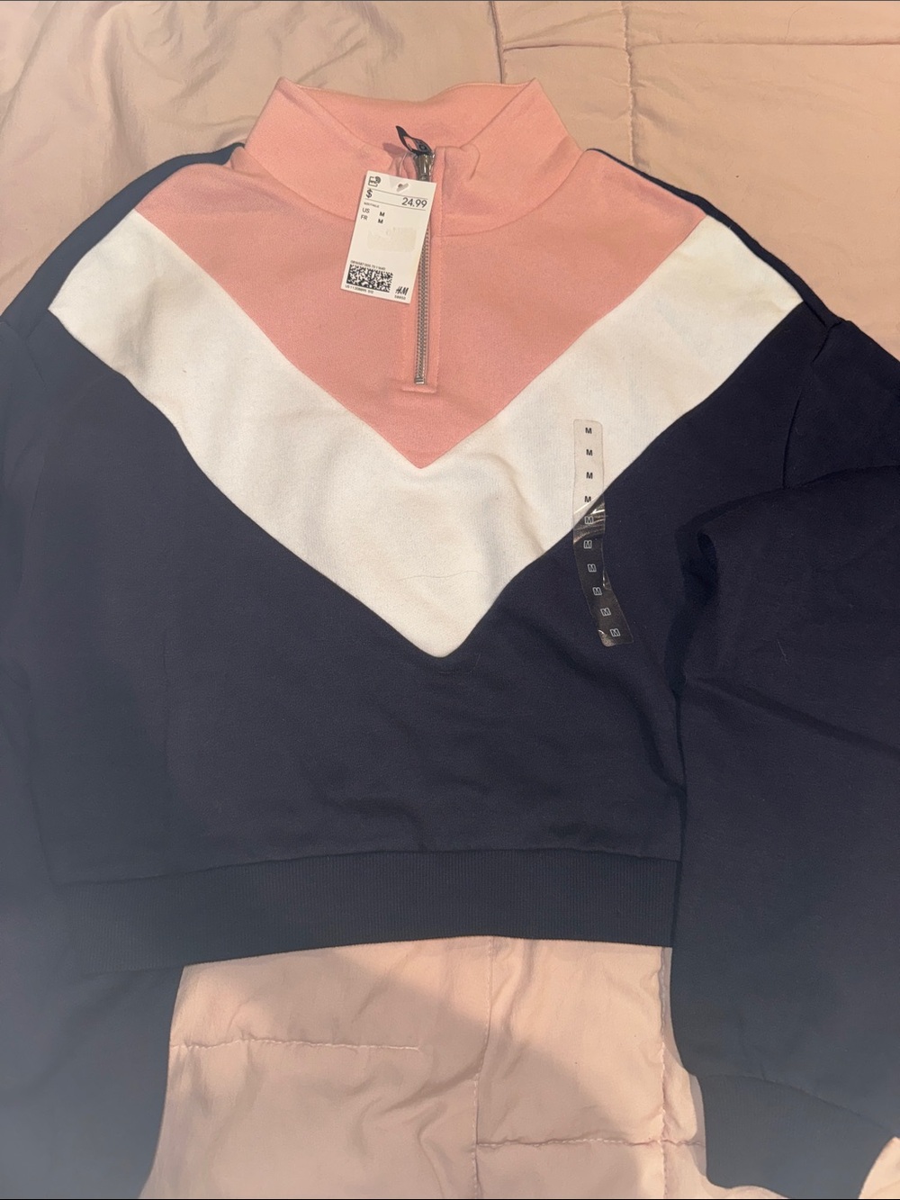 H&M Pink White Navy Colorblock Half-Zip Pullover